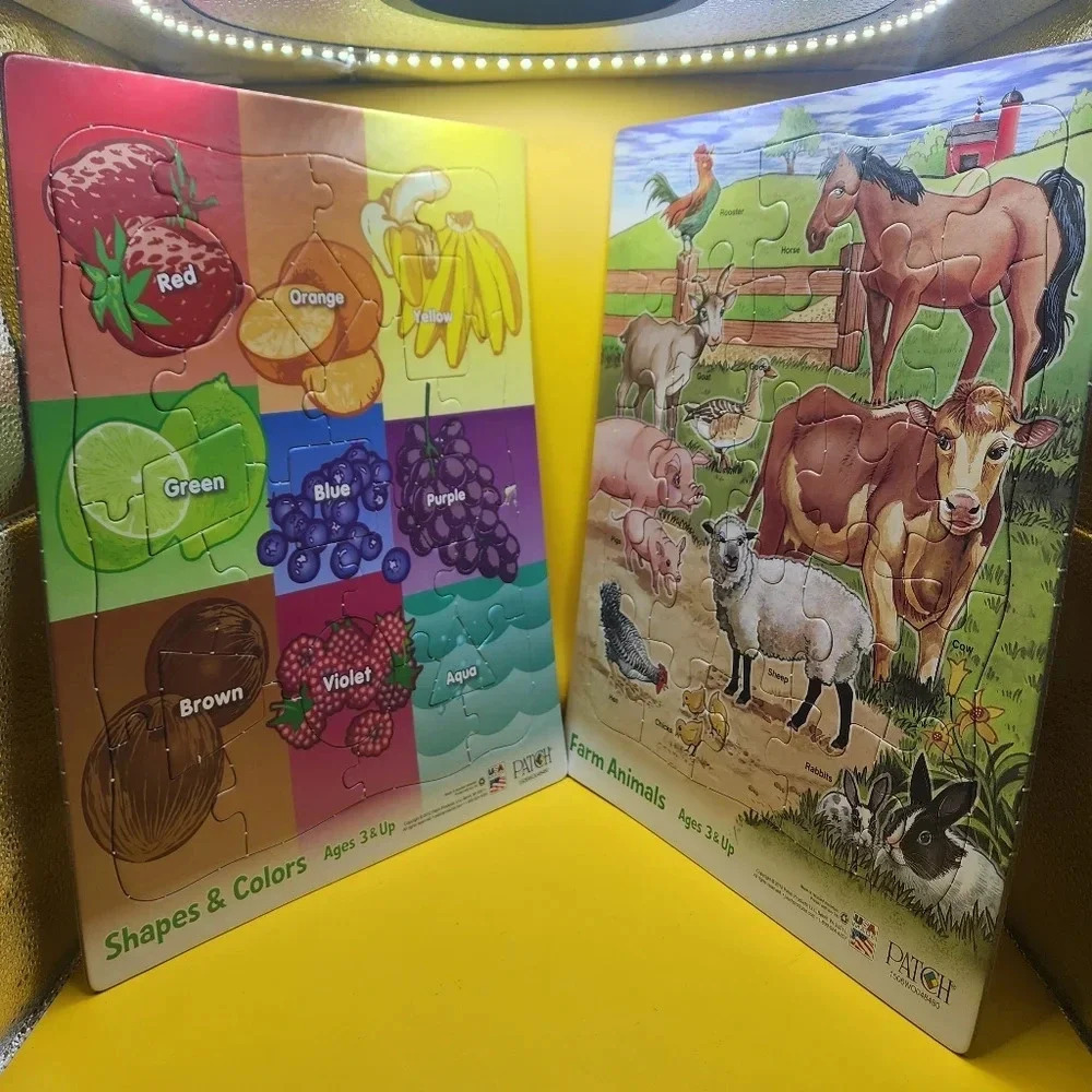 2 Patch Picture Tray Puzzles Shapes Colors Farm Animals 3 Yrs & Up